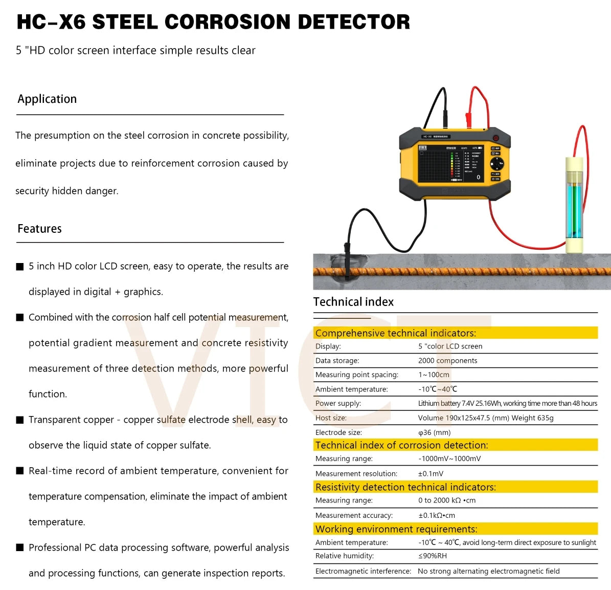 HC-X6 Digital Half-Cell Rebar Corrosion Tester for Concrete Inspection
