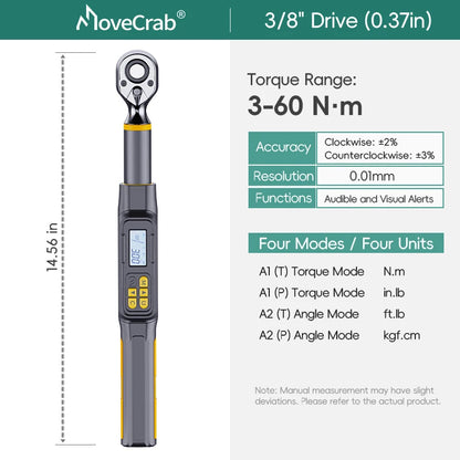 MoveCrab Digital Torque Wrench – 3/8" & 1/2" Drive Angle Torque Meter 3–340 N·m for Industrial Maintenance