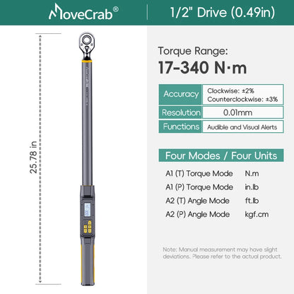 MoveCrab Digital Torque Wrench – 3/8" & 1/2" Drive Angle Torque Meter 3–340 N·m for Industrial Maintenance