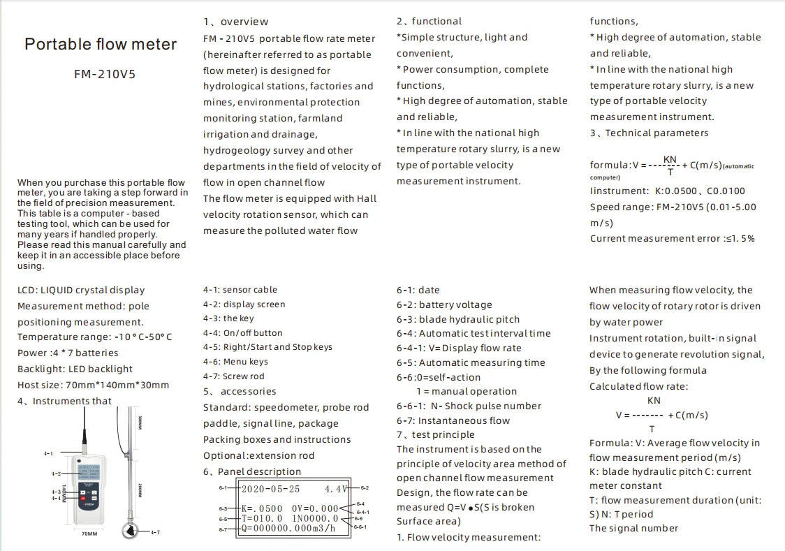 FM-210V5 Portable Digital Water Flow Meter / 0.01–5.00 m/s Open Channel, River & Irrigation Flow Velocity Meter
