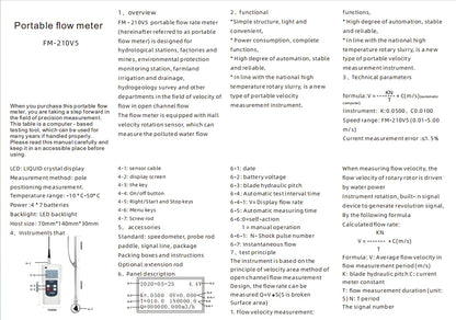 FM-210V5 Portable Digital Water Flow Meter / 0.01–5.00 m/s Open Channel, River & Irrigation Flow Velocity Meter