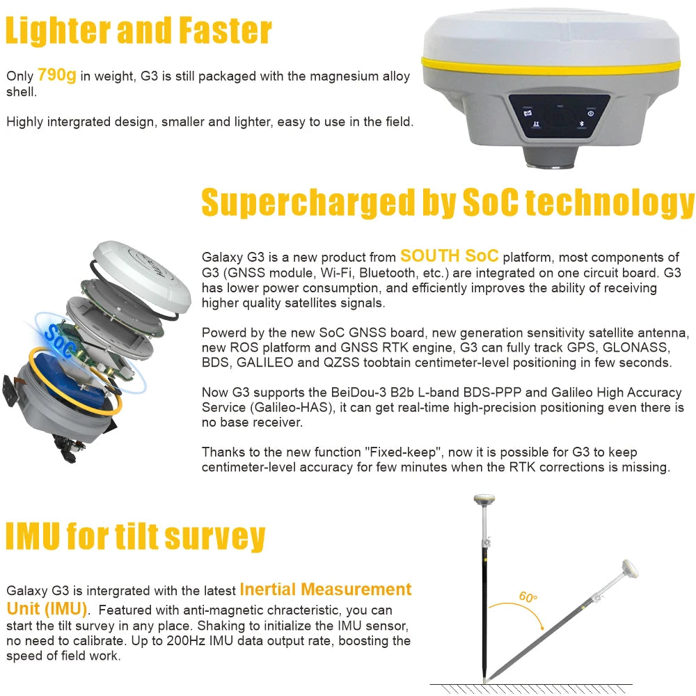 SOUTH Galaxy G3 GNSS RTK Receiver | 1598-Channel Survey Receiver with IMU & SurvStar Software