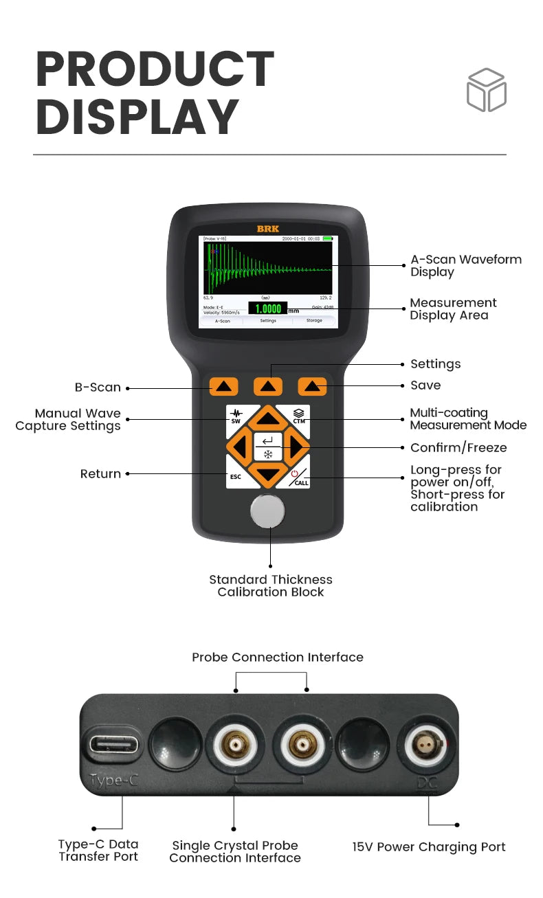 Professional Ultrasonic Thickness Gauge with A/B Scan & 0.1mm Resolution