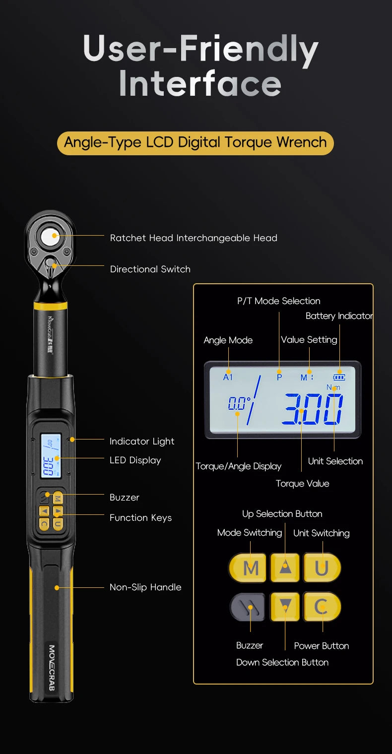 MoveCrab Digital Torque Wrench – 3/8" & 1/2" Drive Angle Torque Meter 3–340 N·m for Industrial Maintenance