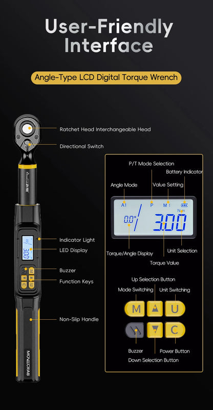MoveCrab Digital Torque Wrench – 3/8" & 1/2" Drive Angle Torque Meter 3–340 N·m for Industrial Maintenance