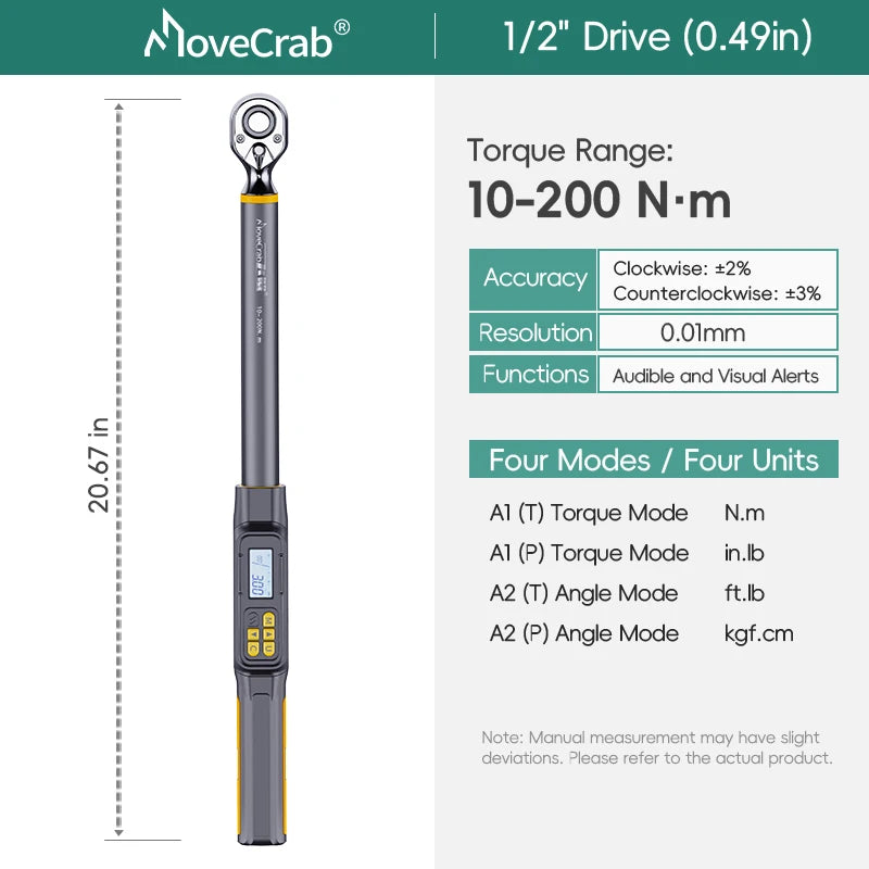 MoveCrab Digital Torque Wrench – 3/8" & 1/2" Drive Angle Torque Meter 3–340 N·m for Industrial Maintenance